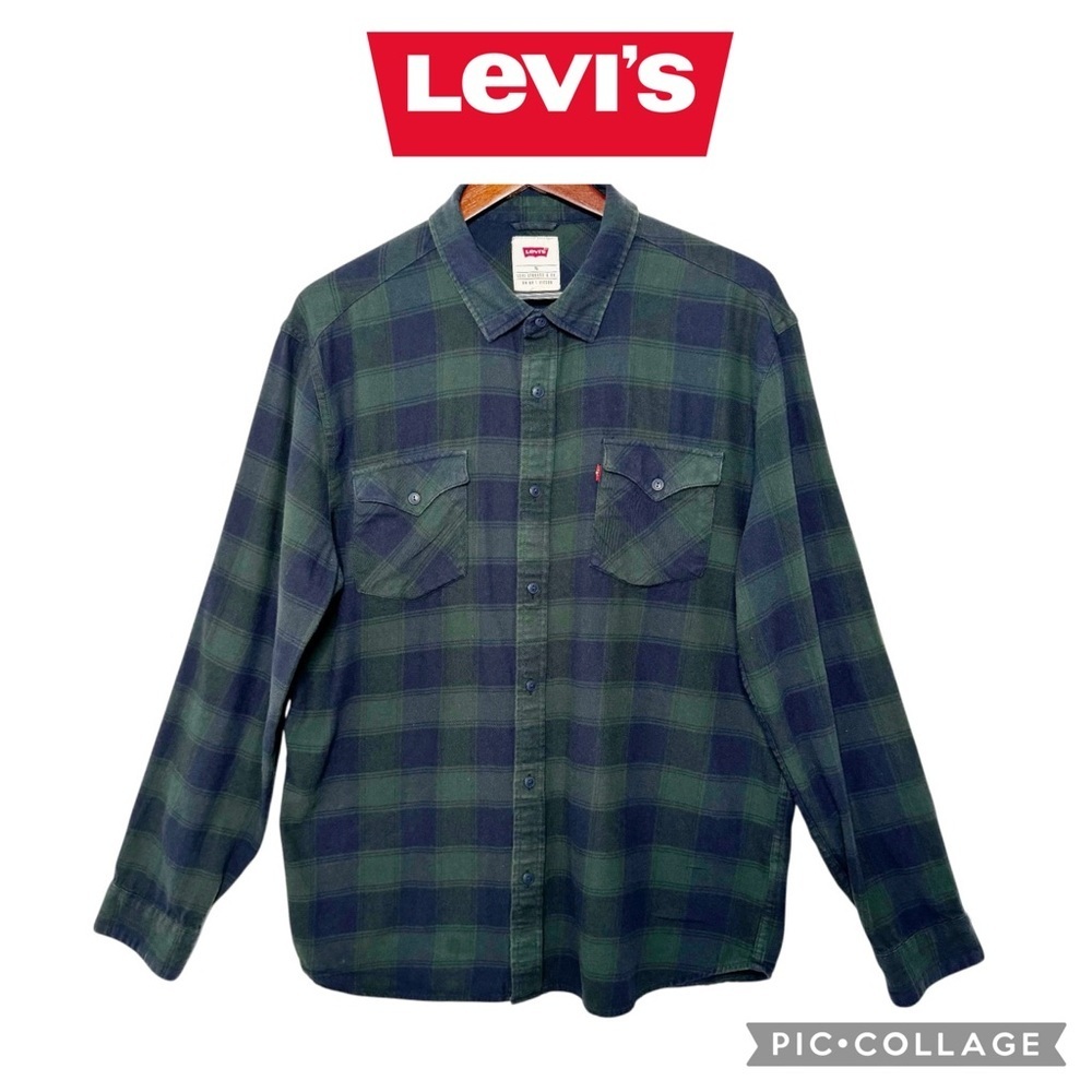 Levis men long sleeve flannel plaid blue green worker over shirt size L